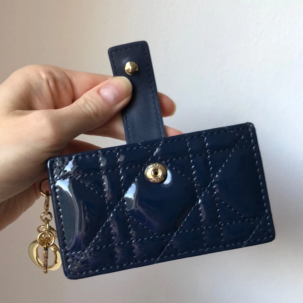 Christian Dior Lady Dior Jasmine Card Holder Wallet In Blue Patent Leather MK